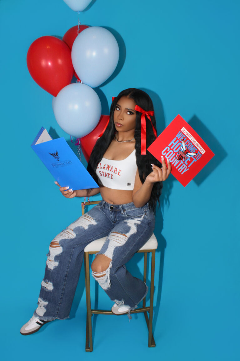 Delaware State University decision day studio portrait with balloons by Dope Pixx