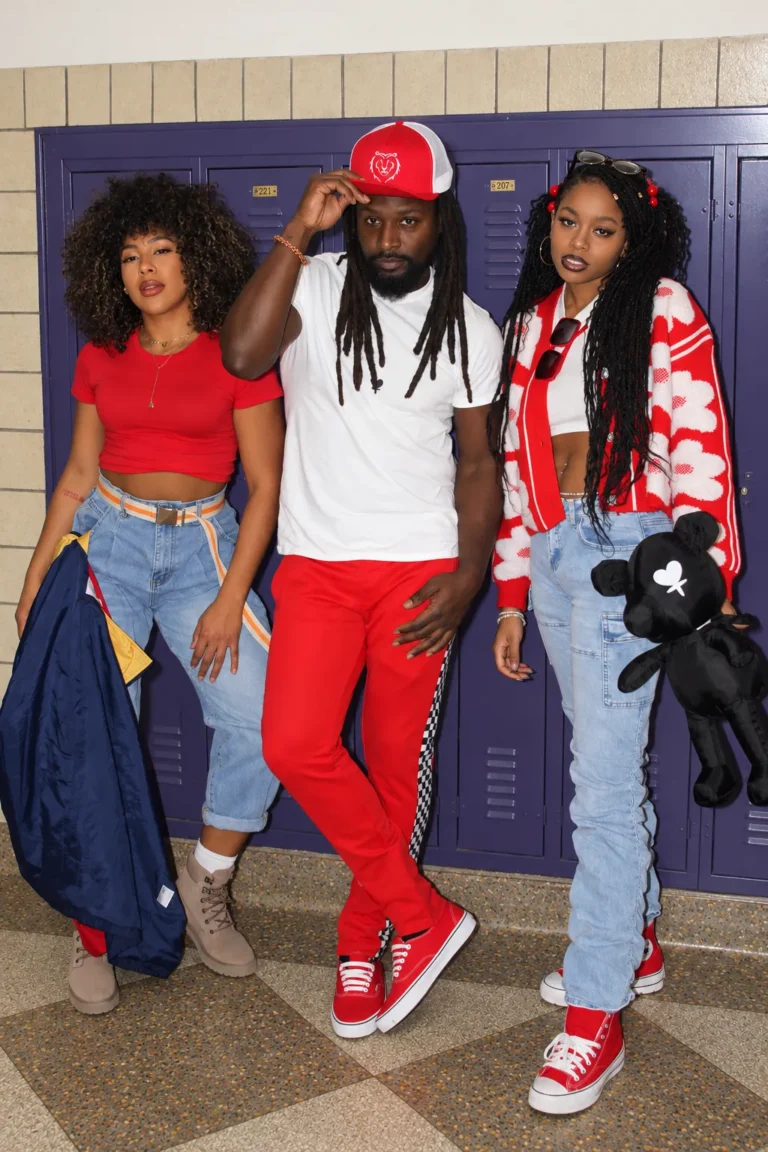 Streetwear Trio in Purple Locker Hallway, Street Style